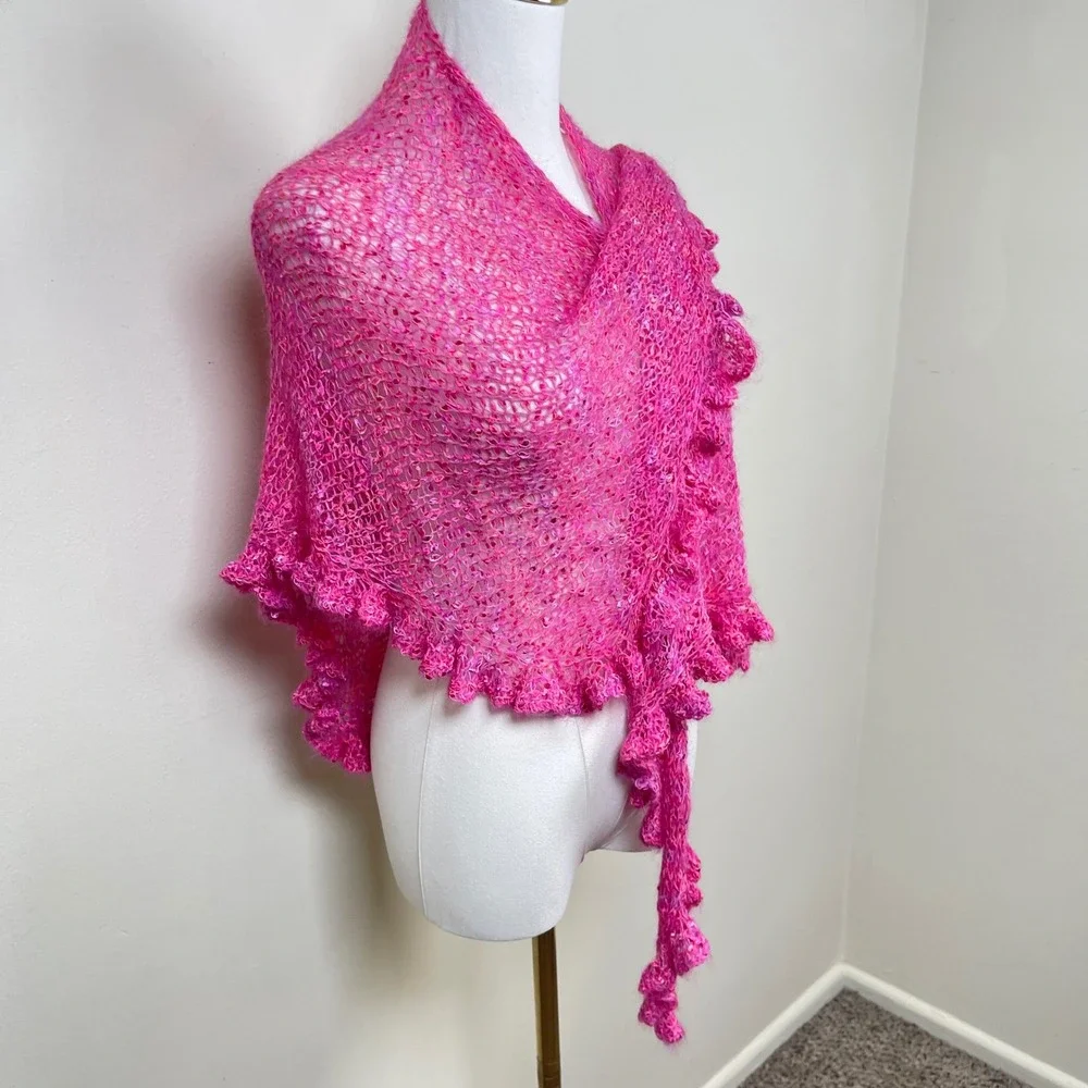 Vintage Pink Crochet Knit Ruffle Shawl Wrap Women Hot Pink Boho Shrug Y2K Fairy
